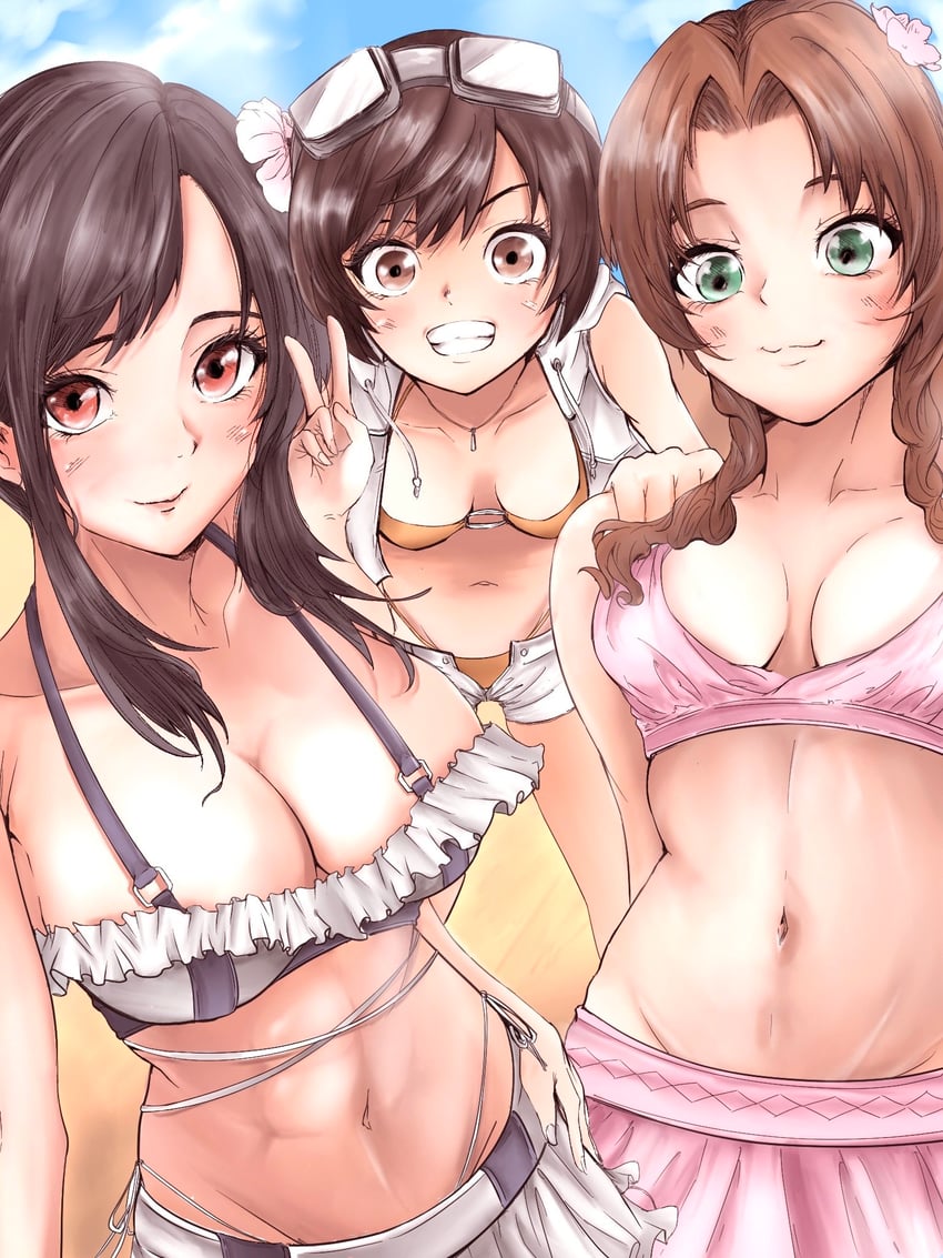tifa lockhart, aerith gainsborough, and yuffie kisaragi (final fantasy and 4 more) drawn by ribaton1213