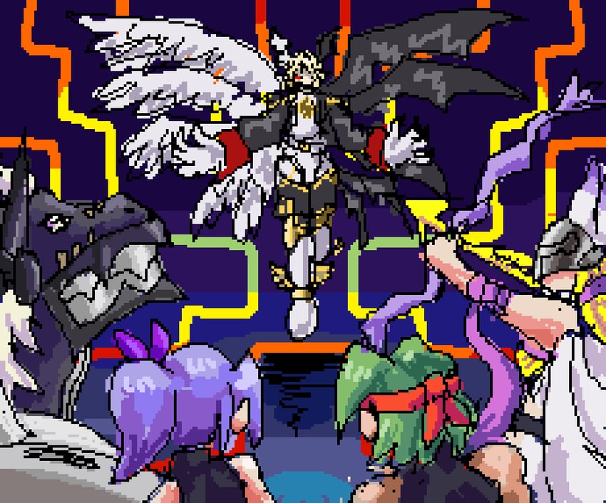 angewomon, lucemon falldown mode, julia, blackmegalogrowmon, and glare (digimon and 1 more) drawn by plasmi
