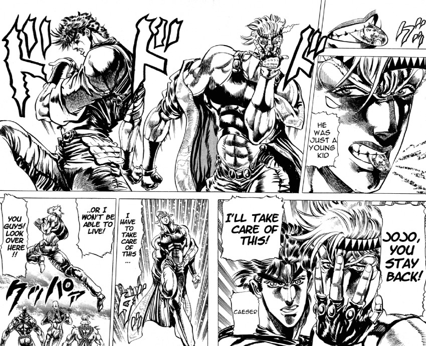 joseph joestar, caesar anthonio zeppeli, kars, wamuu, and esidisi (jojo no kimyou na bouken and 1 more) drawn by araki_hirohiko