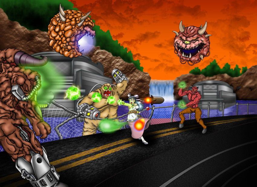flora, cacodemon, baron of hell, cyberdemon, mancubus, and 1 more (dragon quest and 3 more) drawn by professormegaman