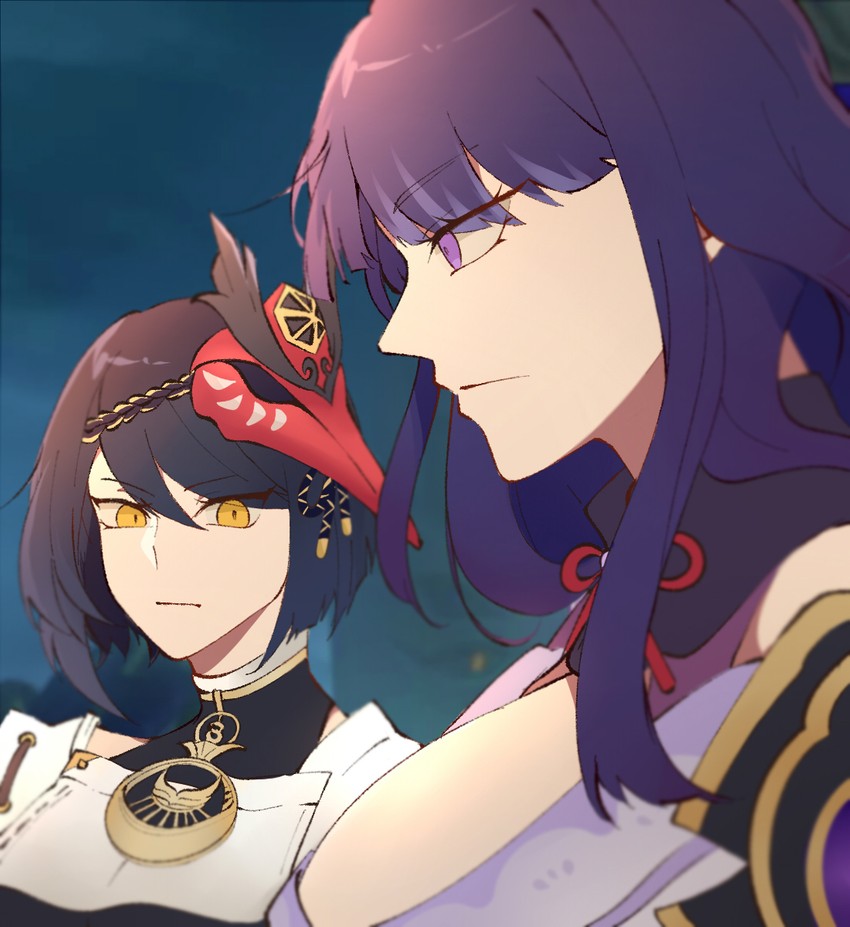 raiden shogun and kujou sara (genshin impact) drawn by arghkaashi