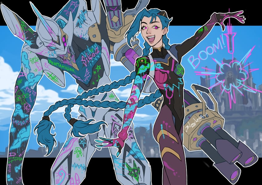 jinx, eva 02, and eva 02 prime beta (league of legends and 3 more) drawn by blanclauz