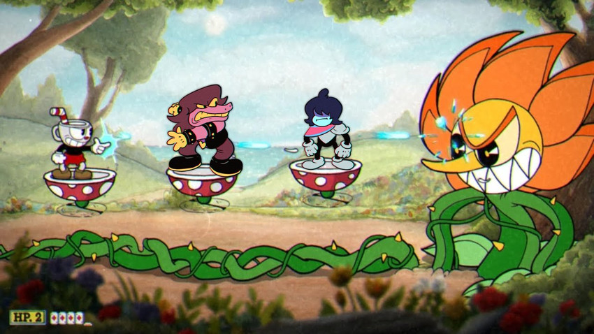 kris, susie, cuphead, and cagney carnation (deltarune and 1 more) drawn by juno_son