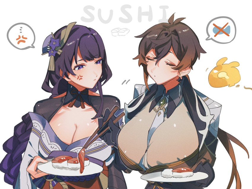raiden shogun, zhongli, and seelie (genshin impact) drawn by crow_3434