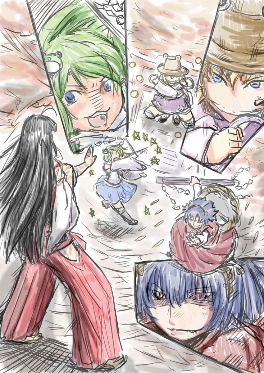 kochiya sanae, moriya suwako, yasaka kanako, and sendai hakurei no miko (touhou and 1 more) drawn by kongari_tokei
