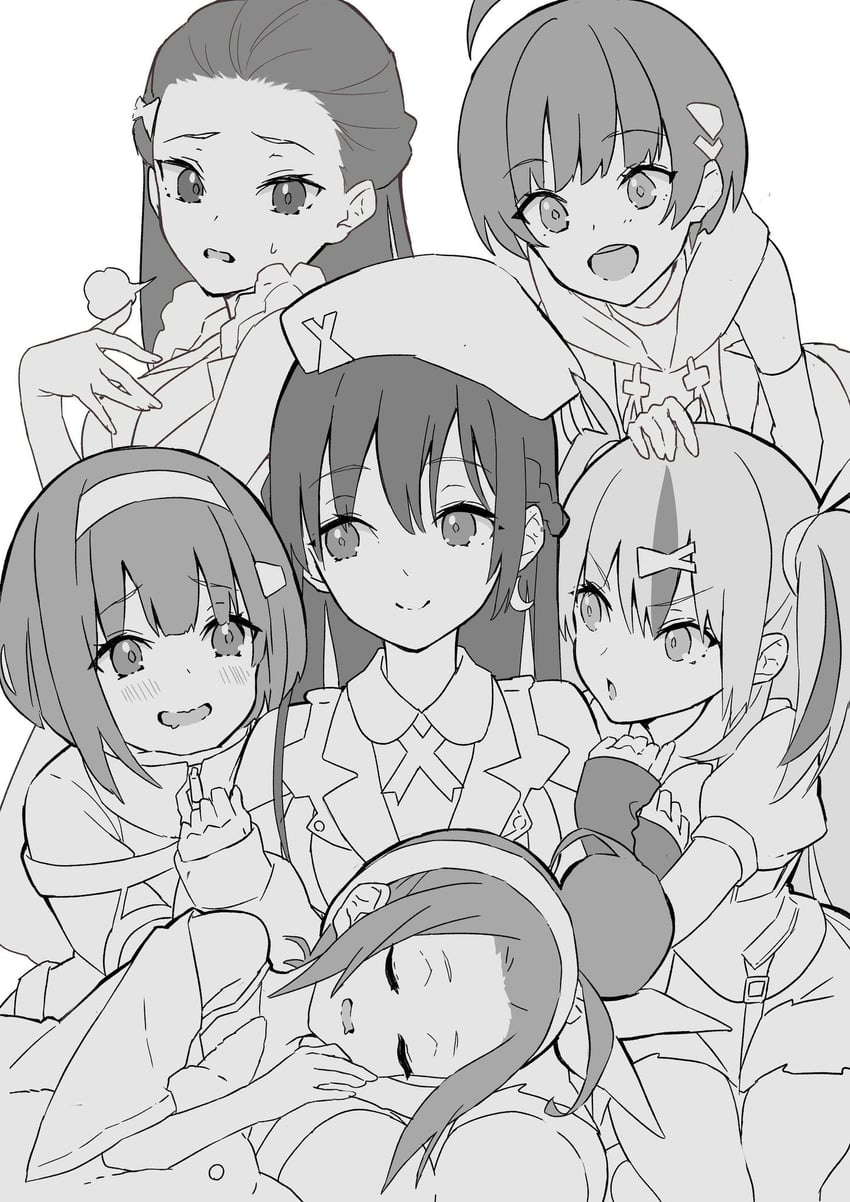 ooshima ichiko, ooshima isuzu, ooshima muua, ooshima yotsuha, ooshima niina, and 1 more (heaven burns red) drawn by aoi_momo