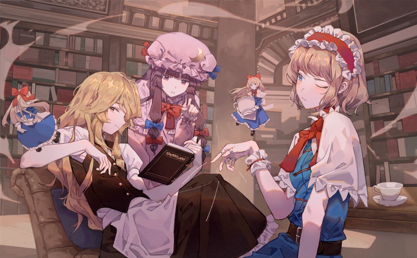 kirisame marisa, alice margatroid, patchouli knowledge, and shanghai doll (touhou) drawn by maachi_(fsam4547)
