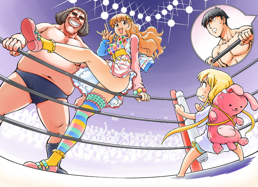 producer, futaba anzu, moroboshi kirari, and andre the giant (idolmaster and 2 more) drawn by kumazura_chuu