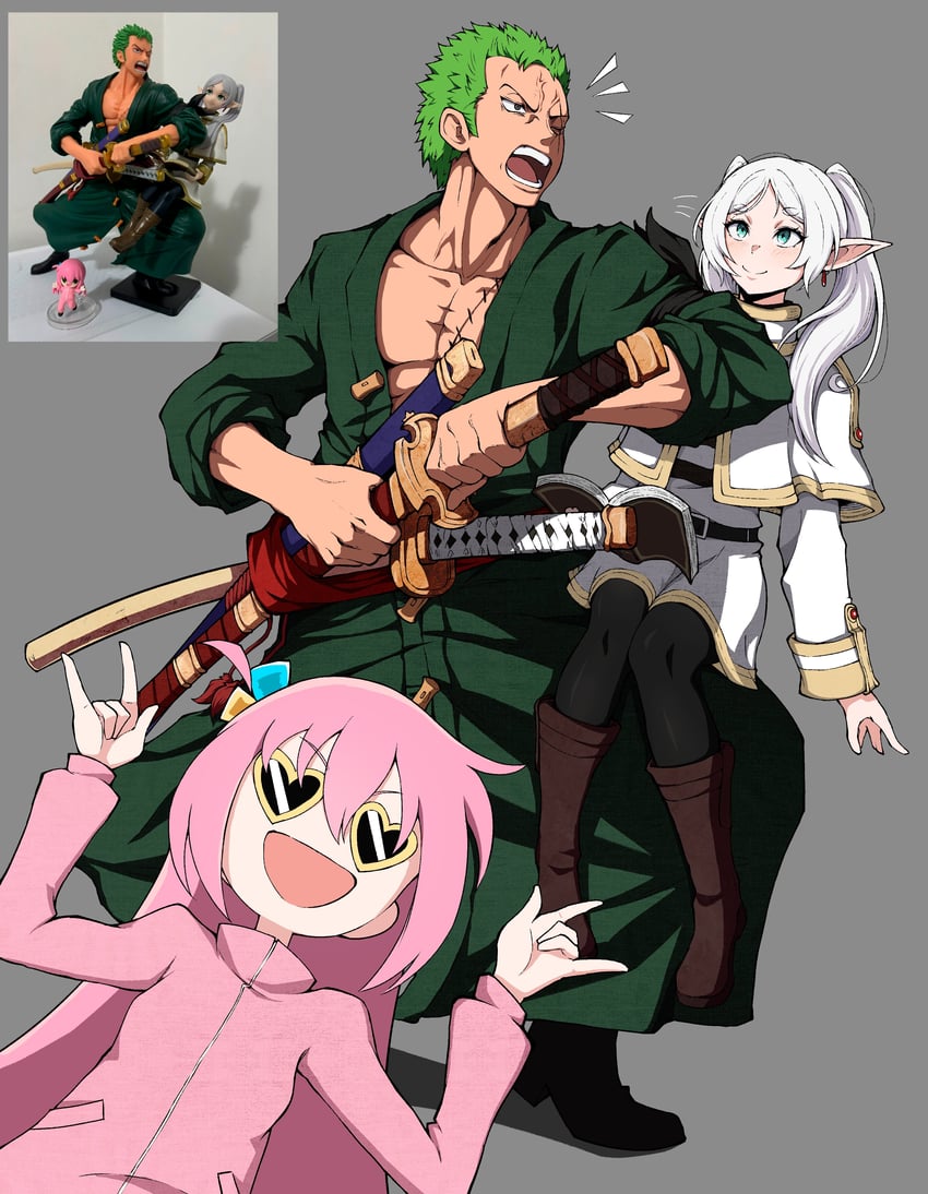 gotoh hitori, frieren, and roronoa zoro (one piece and 2 more) drawn by kekel