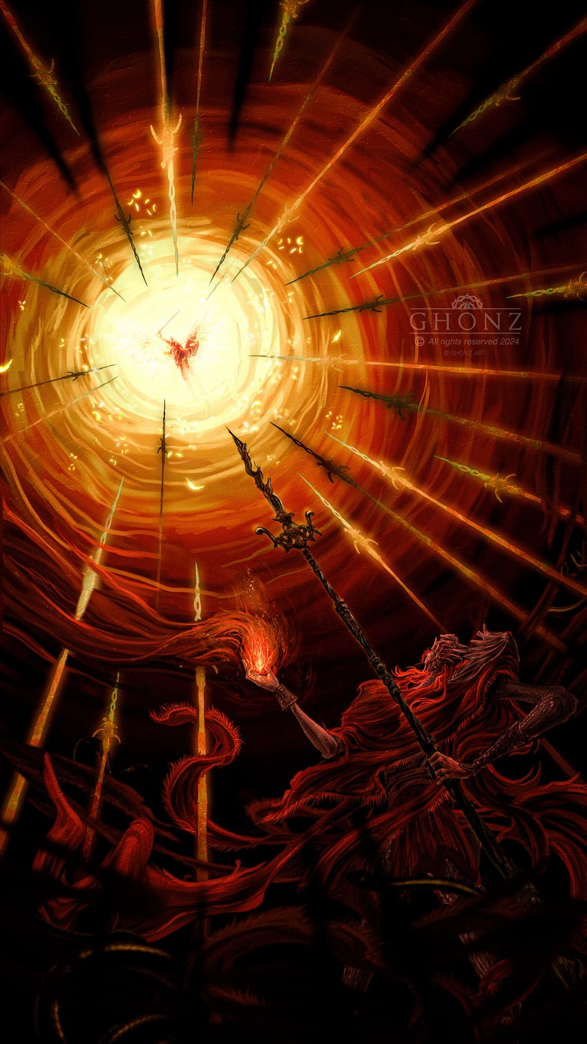 tarnished, messmer the impaler, and bloody wolf (elden ring and 1 more) drawn by ghonz_art
