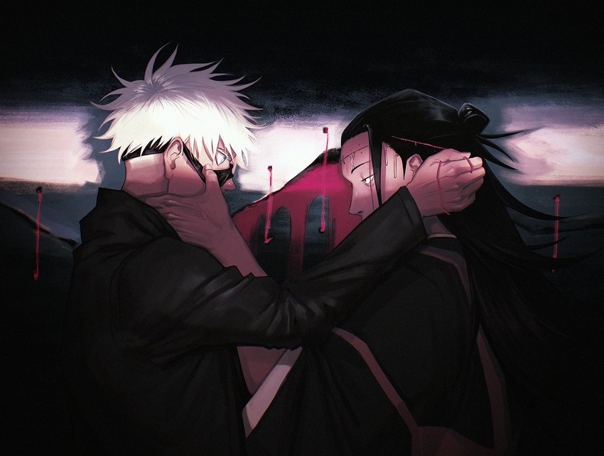 gojou satoru, getou suguru, and kenjaku (jujutsu kaisen) drawn by halveablock