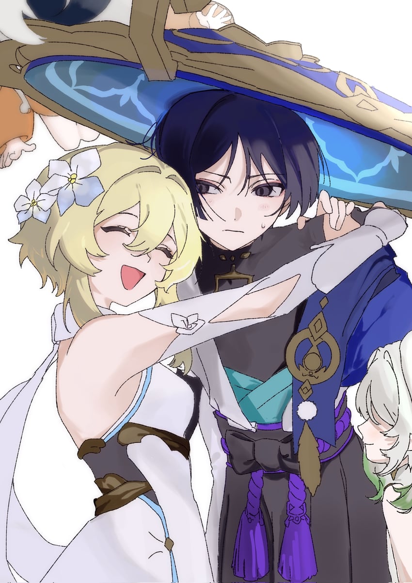 lumine, scaramouche, nahida, and wanderer (genshin impact) drawn by tart62615962799