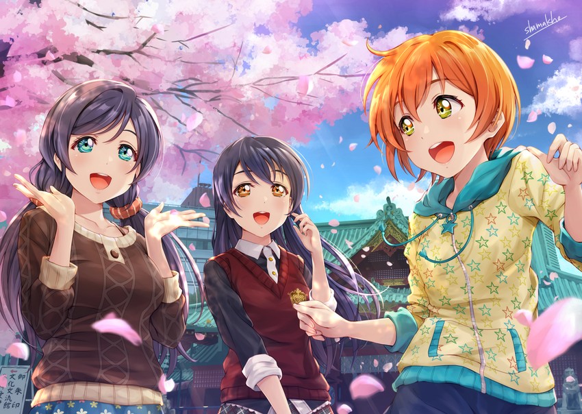 tojo nozomi, sonoda umi, and hoshizora rin (love live! and 1 more) drawn by shamakho