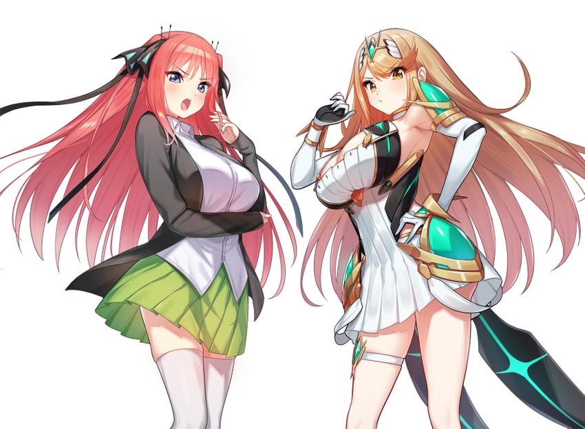 mythra and nakano nino (xenoblade chronicles and 2 more) drawn by green322