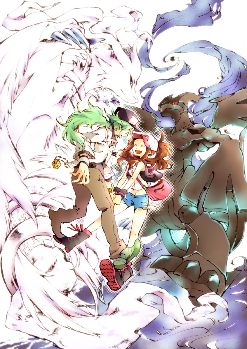 hilda, n, reshiram, and zekrom (pokemon and 1 more) drawn by shinoasa