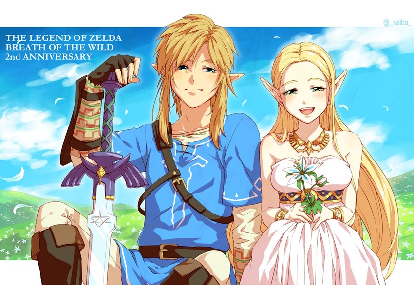 link and princess zelda (the legend of zelda and 1 more) drawn by saiba_(henrietta)