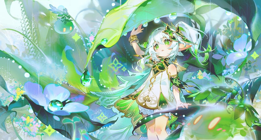 nahida, slime, and dendro slime (genshin impact) drawn by emurina