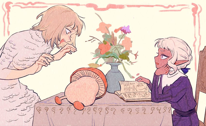 falin touden, thistle, and walking mushroom (dungeon meshi) drawn by tolikoo