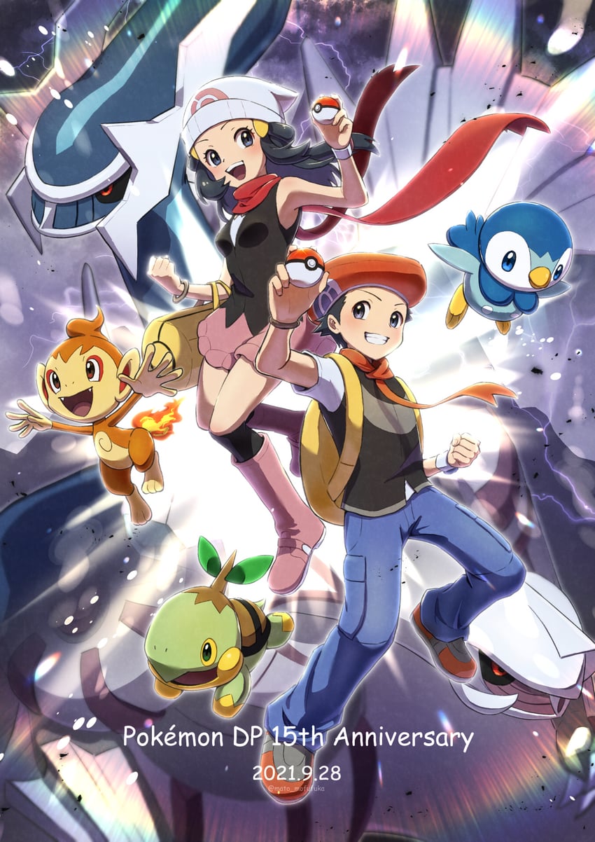 dawn, piplup, lucas, turtwig, chimchar, and 2 more (pokemon and 1 more) drawn by mato.
