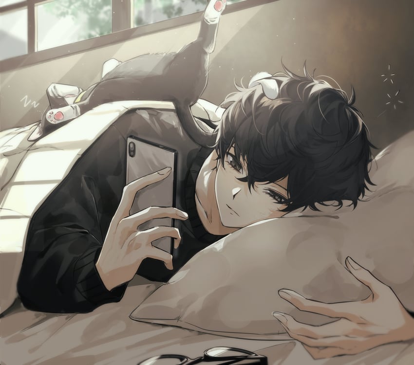amamiya ren and morgana (persona and 1 more) drawn by mnce_o
