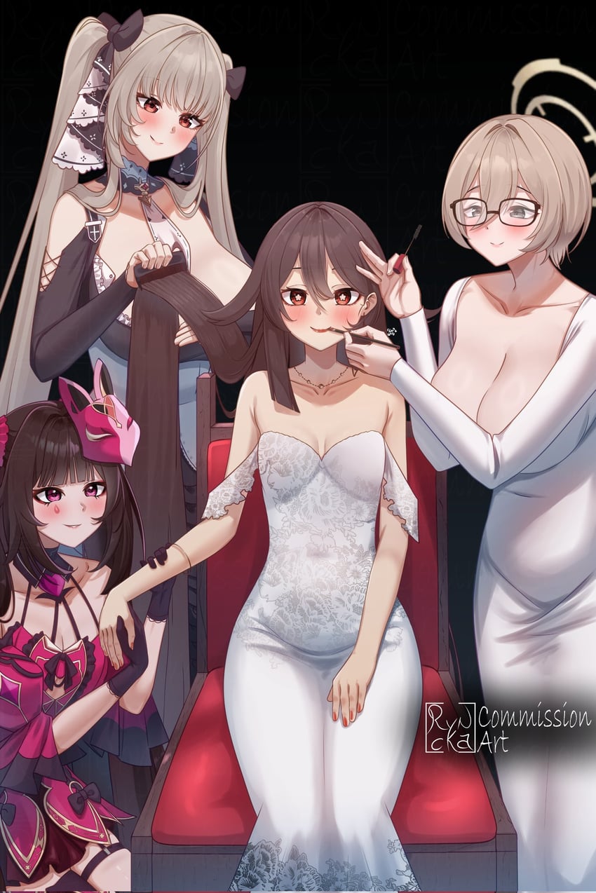 hu tao, formidable, sparkle, and akane (blue archive and 6 more) drawn by ryncka