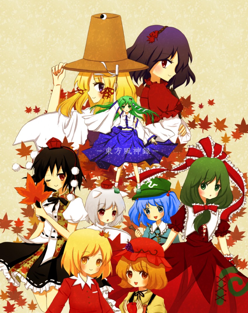 kochiya sanae, shameimaru aya, inubashiri momiji, moriya suwako, kawashiro nitori, and 4 more (touhou and 1 more) drawn by yuki_201