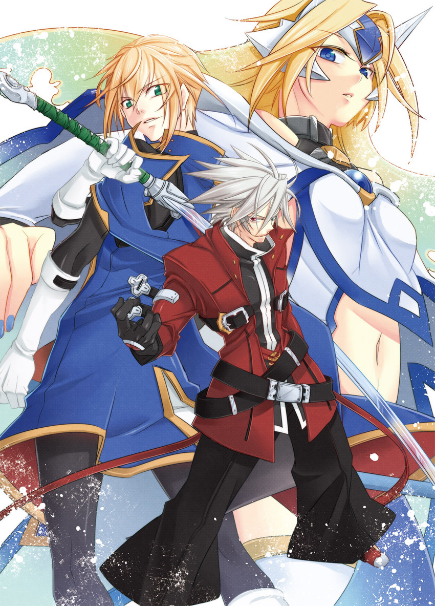 ragna the bloodedge, jin kisaragi, and mu-12 (blazblue) drawn by akatsuki_tomato