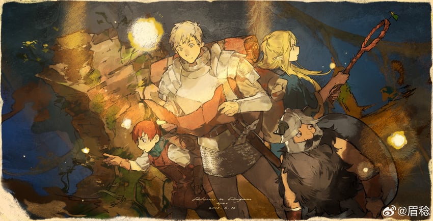 marcille donato, laios touden, senshi, and chilchuck tims (dungeon meshi) drawn by mei_ren