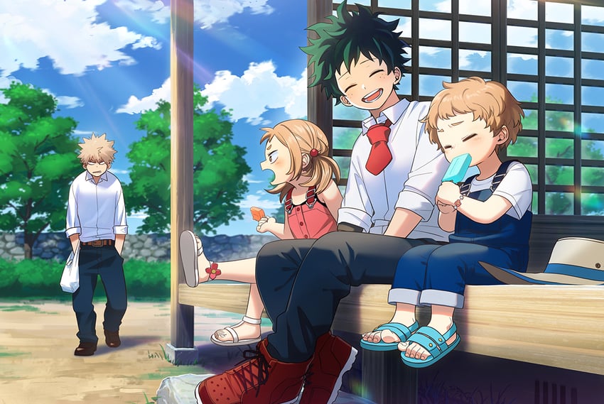midoriya izuku, bakugou katsuki, shimano katsuma, and shimano mahoro (boku no hero academia) drawn by freestyle18