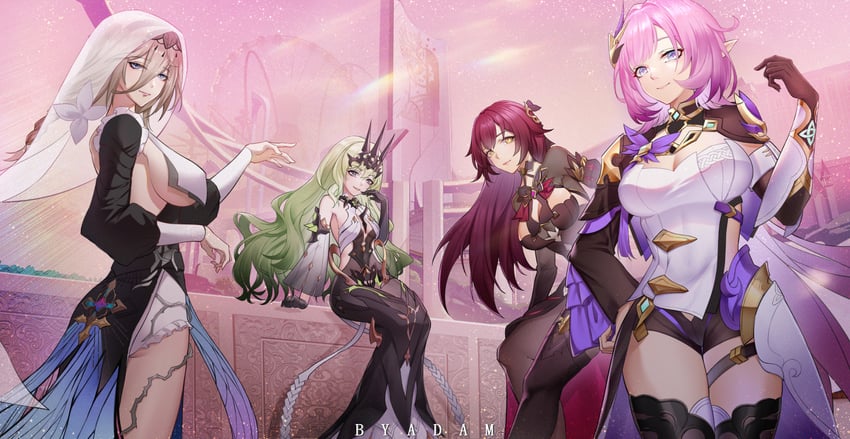 elysia, mobius, aponia, and eden (honkai and 1 more) drawn by byadam
