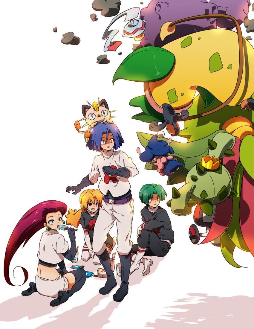 jessie, james, meowth, chimecho, victreebel, and 6 more (pokemon and 1 more) drawn by kapirusu