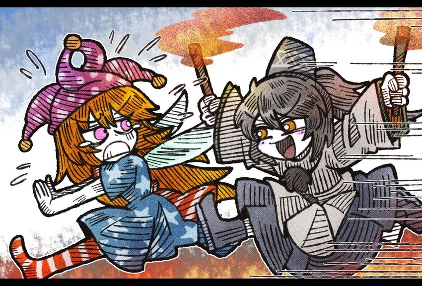 mononobe no futo and clownpiece (touhou) drawn by suenari_(peace)