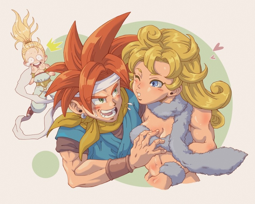 crono, marle, and ayla (chrono trigger) drawn by hinomaru_(firesoul)