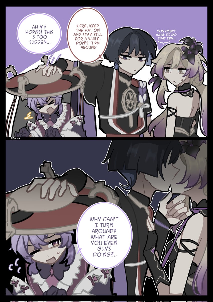 lumine, scaramouche, and mini durin (genshin impact) drawn by remhotaru