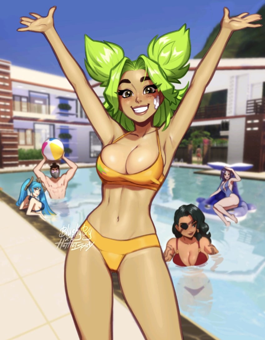sona, kai'sa, zeri, shen, and samira (league of legends) drawn by blushyspicy