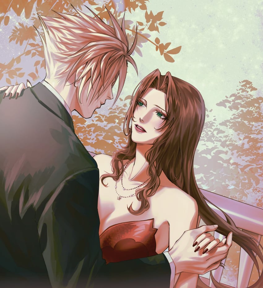 cloud strife and aerith gainsborough (final fantasy and 2 more) drawn by inavii and yunomiuu