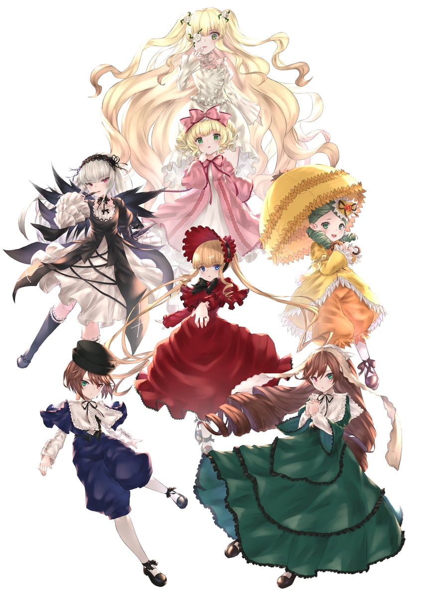 suigintou, shinku, suiseiseki, souseiseki, hinaichigo, and 2 more (rozen maiden) drawn by majinno