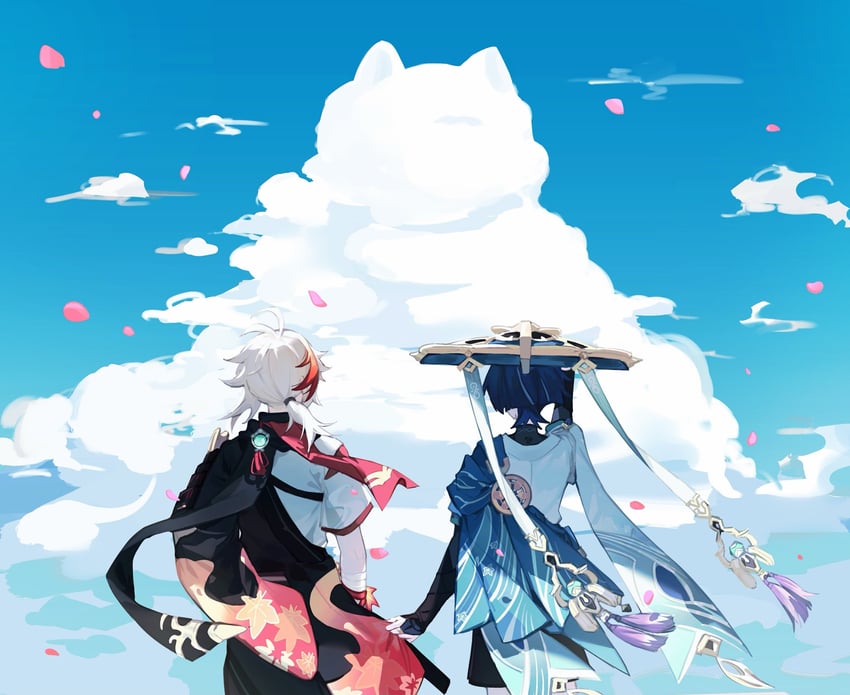 scaramouche, wanderer, and kaedehara kazuha (genshin impact) drawn by yue18yi