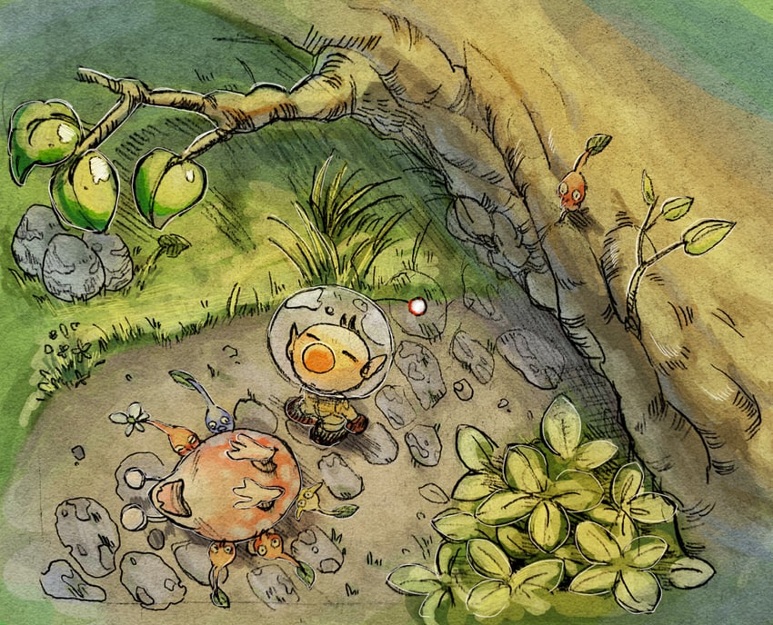 red pikmin, olimar, yellow pikmin, blue pikmin, and bulborb (pikmin) drawn by rincho_(rnrnrrr_ccc)