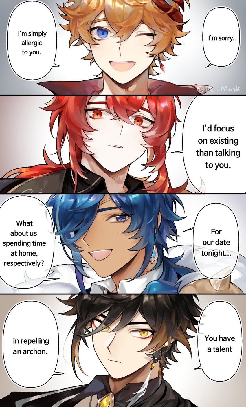 zhongli, tartaglia, diluc, and kaeya (genshin impact) drawn by dl_mask