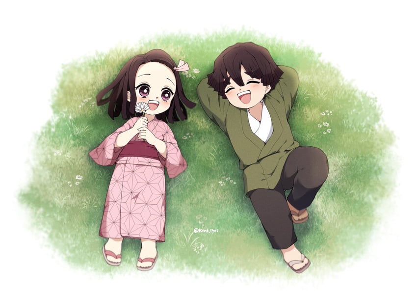 kamado nezuko and agatsuma zenitsu (kimetsu no yaiba) drawn by pori_(kmt_pori)