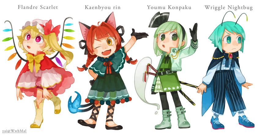 flandre scarlet, konpaku youmu, kaenbyou rin, and wriggle nightbug (touhou) drawn by yai_(hachihito)