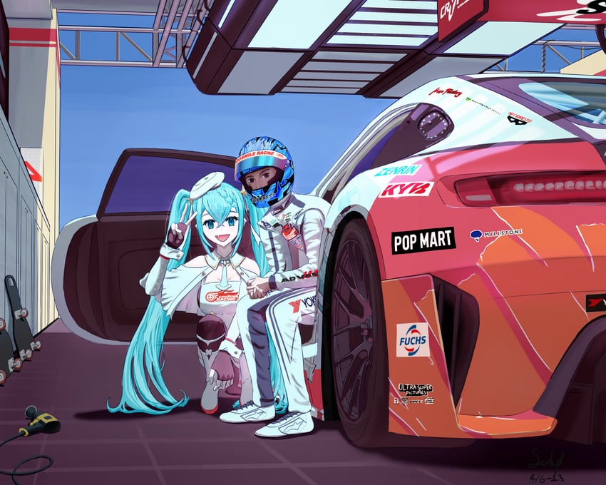 hatsune miku, racing miku, and taniguchi nobuteru (vocaloid and 3 more) drawn by subo_illust