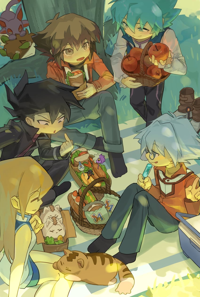 yuki judai, tenjouin asuka, manjoume jun, kuriboh, johan andersen, and 2 more (yu-gi-oh! and 1 more) drawn by chi_chi3939