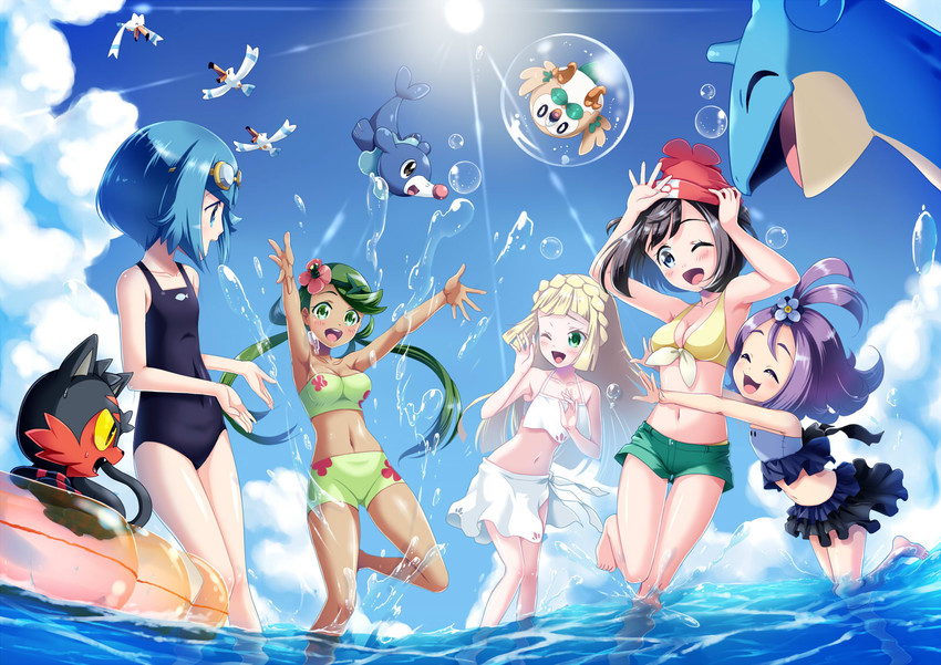lillie, selene, rowlet, lana, mallow, and 5 more (pokemon and 1 more) drawn by yuino_(fancy_party)