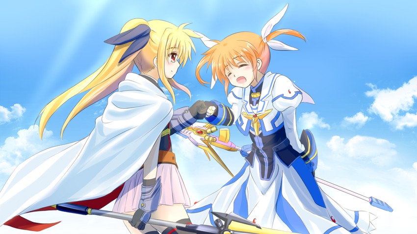 fate testarossa, takamachi nanoha, raising heart, and bardiche (lyrical nanoha and 3 more) drawn by kerorokjy