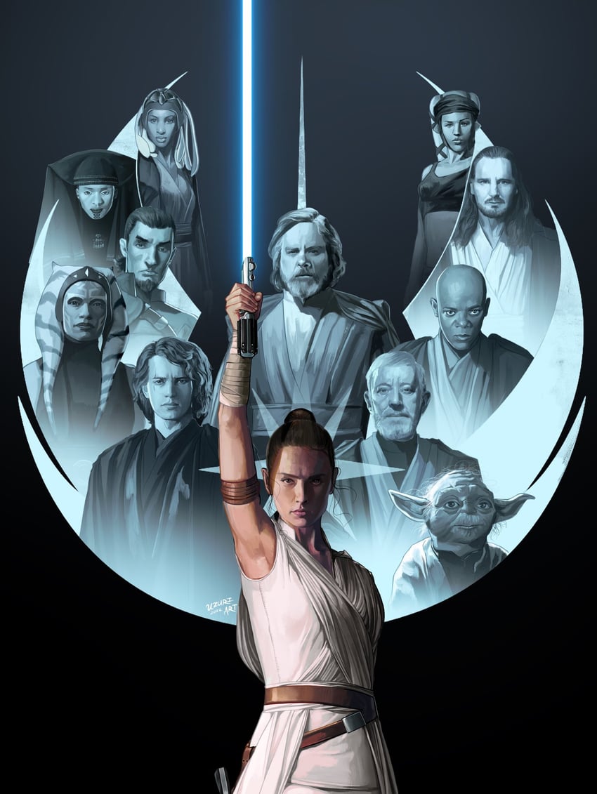 ahsoka tano, obi-wan kenobi, anakin skywalker, luke skywalker, rey, and 10 more (star wars and 7 more) drawn by uzuri_art