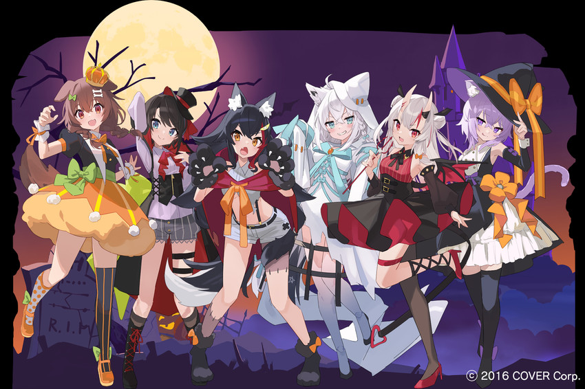 shirakami fubuki, nekomata okayu, ookami mio, oozora subaru, inugami korone, and 1 more (hololive) drawn by shirama_(c2h76_5)