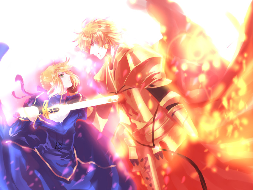 artoria pendragon, saber, and gilgamesh (fate and 1 more) drawn by bingxiaojian