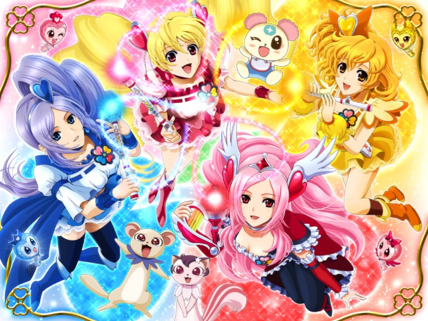 higashi setsuna, momozono love, cure peach, yamabuki inori, aono miki, and 10 more (precure and 1 more) drawn by sekken_kasu_barrier